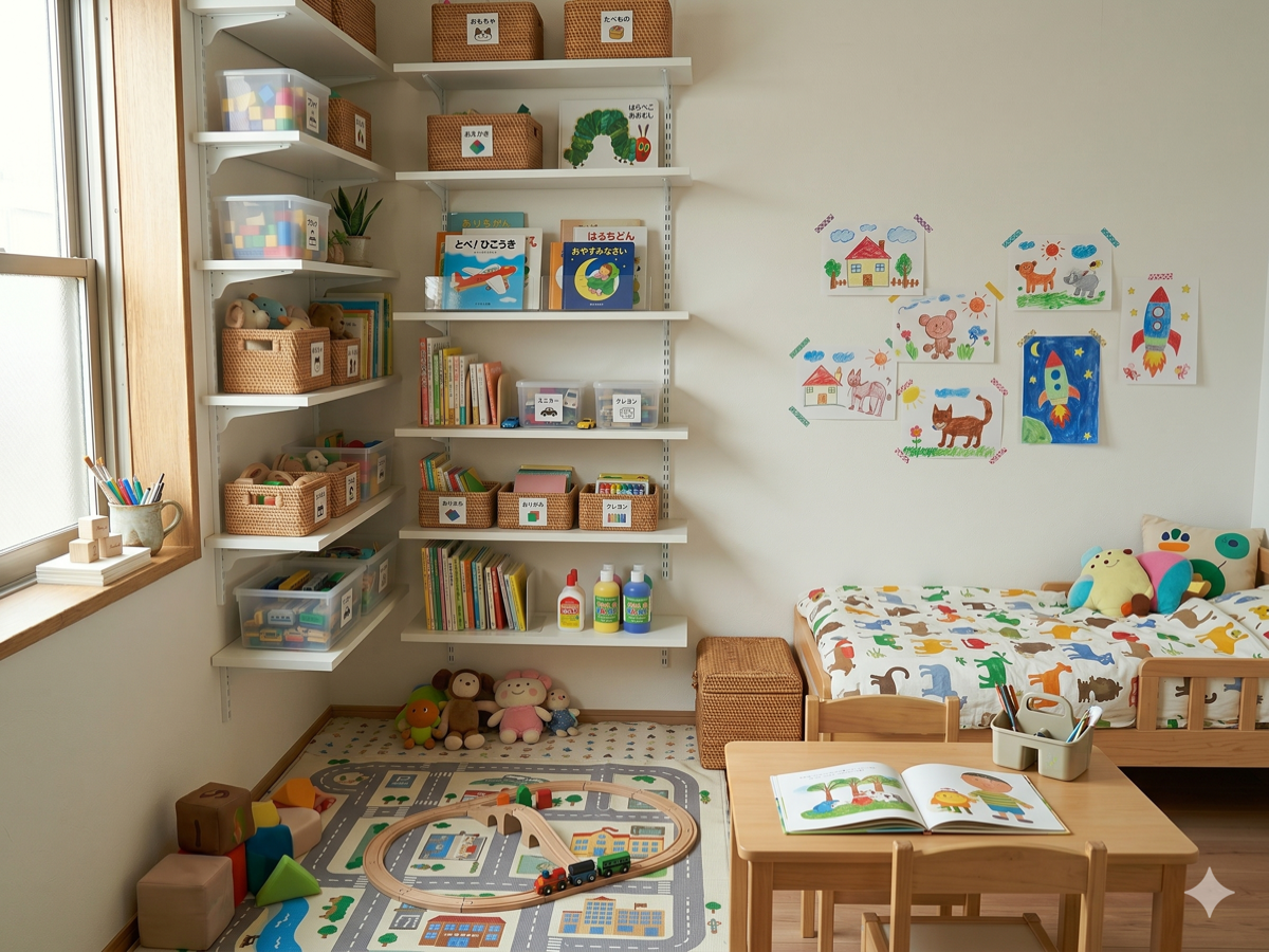 お子様部屋のおもちゃ・絵本を並べたウォールシェルフ